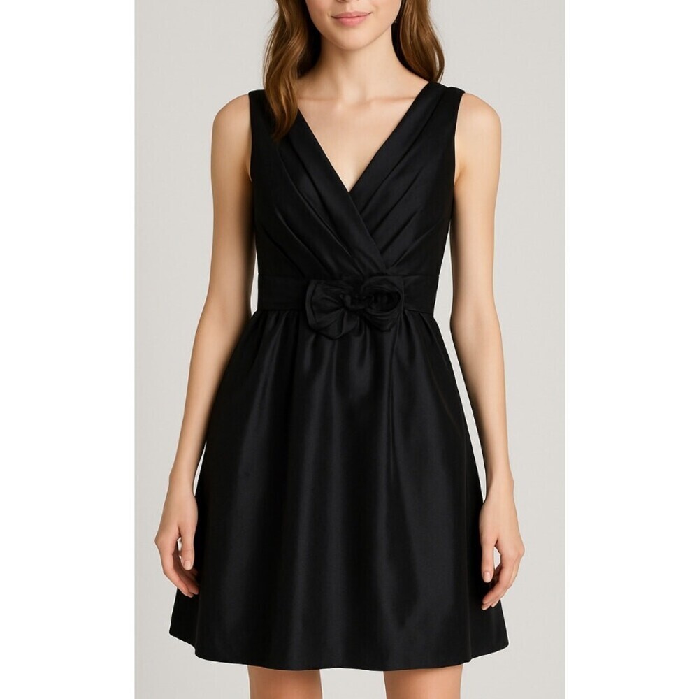 White House Black Market 100% silk sleeveless Double V black dress faux wrap 0